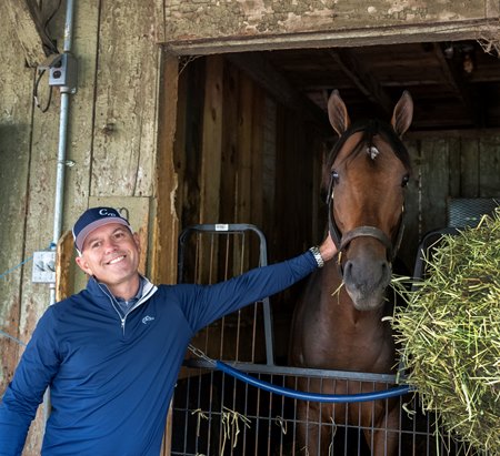 Chad Brown with Sierra Leone the morning after his Whitney Stakes victory at Saratoga Race Course