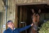 Trainer and Mechanicville native Chad Brown is enjoys a fun moment at his barn on the Oklahoma Training Center this Sunday August. 3, 2025 with his trainee Sierra Leone who won the 98th running of The Whitney yesterday at the Saratoga Race Course in Saratoga Springs, N.Y.  Skip Dickstein Photo