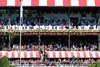 American Pharoah gallops in front of a full clubhouse at Saratoga the morning of August 28, 2015. 
Saratoga; Grandstand; Scene; Scenic; Crowd; American Pharoah; 
Photo By: Chad B. Harmon