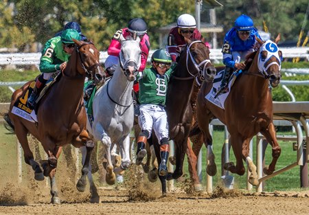 Jockey Irad Ortiz Jr. is unseated from Mindframe in the Jockey Club Gold Cup Stakes at Saratoga Race Course