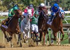 Jockey Irad Ortiz Jr. is unseated from his mount Mindframe and tries to steady himself from falling by reaching for #5 White Abarrio ridden by Edgar Zayas during the 107th running of The Jockey Club Gold Cup at the Saratoga Race Course Sunday Aug. 31, 2025 in Saratoga Springs, N.Y.  Skip Dickstein/ courtesy of the Albany Times Union.