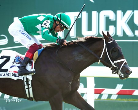 Johnny's Red Storm wins the Kentucky Downs Juvenile Sprint
