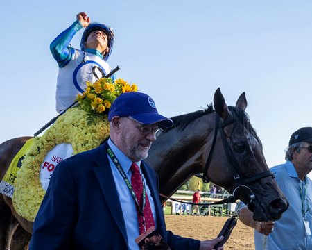 Book'em Danno after winning the 2025 Forego Stakes at Saratoga Race Course
