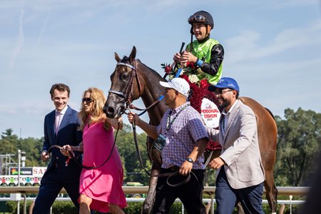 Thorpedo Anna heads to the winner's circle after her victory in the Personal Ensign Stakes at Saratoga Race Course