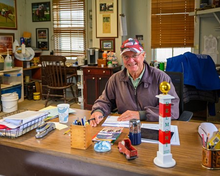 Bill Mott in his office at Saratoga Race Course