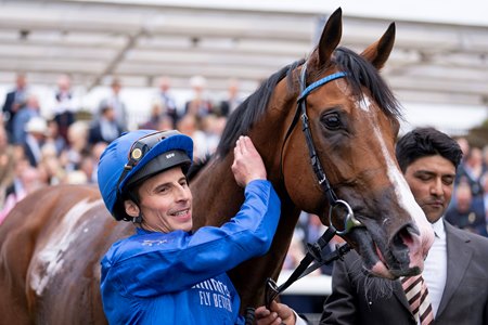 Ombudsman receives a pat from jockey William Buick after a victory in the Juddmonte International Stakes at York Racecourse 