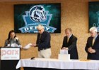 Racing officials held the post position draws for the $1,000,000 Grade I Pennsylvania Derby and $1,000,000 Grade I Cotillion Stakes during live racing on September 15, 2025 at Parx Racing in Bensalem, Pa. Pictured (left to right) are track announcer Jessica Paquette, Chief State Steward John Gerweck, Clerk of Scales Louis Santoro, Jr., and longtime Horse Identifier Tom Weinhardt. Photo by Nikki Sherman/EQUI-PHOTO.
