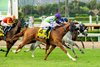 Innovative and jockey Ricardo Gonzalez, outside, outleg Lee&#39;s Baby Girl (Mirco Demuro), middle, and Warming (Umberto Rispoli), inside, to win the Grade III, $100,000 John C. Harris Stakes, Saturday, September 27, 2025 at Santa Anita Park, Arcadia CA.
&#169; BENOIT PHOTO