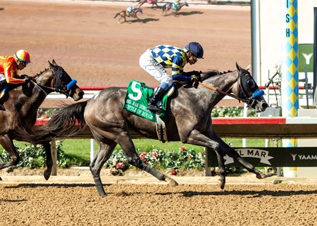 Bottle of Rouge passes favored stablemate Explora in the stretch to win the Del Mar Debutante Stakes at Del Mar