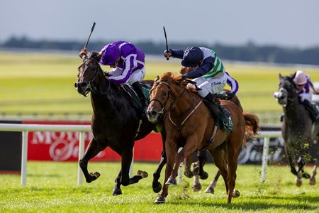 Zavateri (outside) wins the 2025 Vincent O’Brien National Stakes at the Curragh