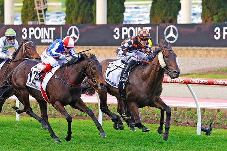Baraqiel (inside) wins the Moir Stakes at Moonee Valley