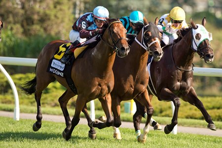 No Nay Hudson (outside) rallies to win the Nearctic Stakes at Woodbine