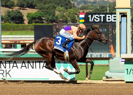 Tamara crosses the line first in the Chillingworth Stakes at Santa Anita Park