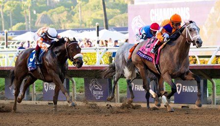 Mr. A. P. (left) finishes second in the Breeders' Cup Juvenile at Del Mar