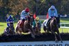 Zanahiyr ,left  ridden by Jack Kennedy duels with Ballysax Hank with jockey Keith Donoghue  Saturday October 18, 2025 on the backstretch before the final fence on the way to the win in The American Grand National G1 at the Far Hills Races in Far Hills, N.J.  This was trainer Gordon Elliott’s fifth win on the day and Jack Kennedy’s fourth.  Photo for Far Hills Race Meeting by Skip Dickstein