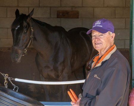 John Ropes visits his homebred, Dorth Vader, at Del Mar
