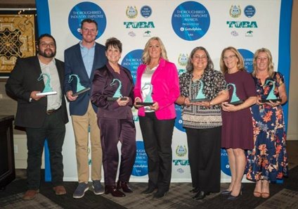 (L-R): Thoroughbred Industry Employee Award winners Jesus Pinales, Kinnon LaRose, Nancy Turner, Sara Patterson, Isabel Escobar, Lynne Hewlett and Fiona Goodwin