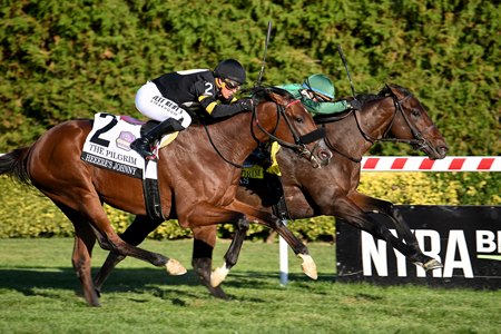 Bottas (inside) prevails over Heeere's Johnny to win the Pilgrim Stakes at Aqueduct Racetrack