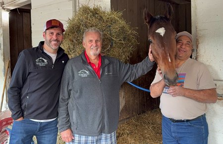 (L-R) Dave and Bryan Bushey, Point Dume, and Isidro Rivera at Churchill Downs