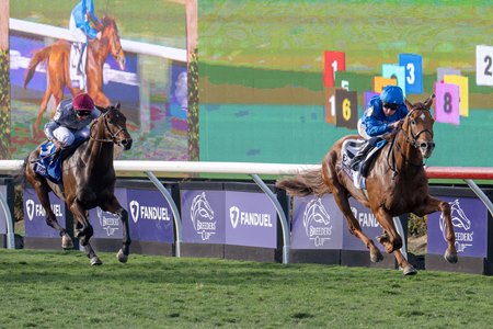 Sahlan (red cap) finishes fifth behind Notable Speech in the 2025 Breeders' Cup Mile at Del Mar