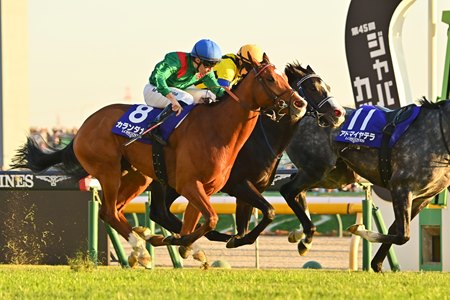 Calandagan (outside) bests Masquerade Ball (middle) in the 2025 Japan Cup at Tokyo Racecourse