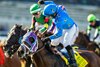 Call Sign Seven and jockey Ricardo Gonzalez, right, score an upset victory in the G2T $200,000 Seabiscuit Handicap Saturday, November 29, 2025 at Del Mar Thoroughbred Club, Del Mar, CA.