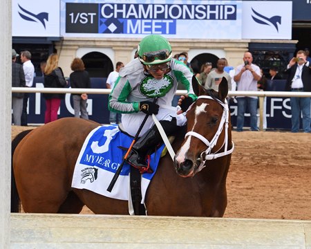 Mythical heads to the winner's circle after the 2025 FTBOA Florida Sire My Dear Girl Stakes at Gulfstream Park