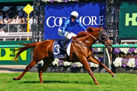 Tentyris wins the Coolmore Stud Stakes at Flemington Racecourse