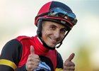 Jockey Antonio Fresu celebrates aboard Revera after their victory in the $100,000 Desi Arnaz Stakes, Sunday, September 16, 2025 at Del Mar Thoroughbred Club, Del Mar CA.
© BENOIT PHOTO