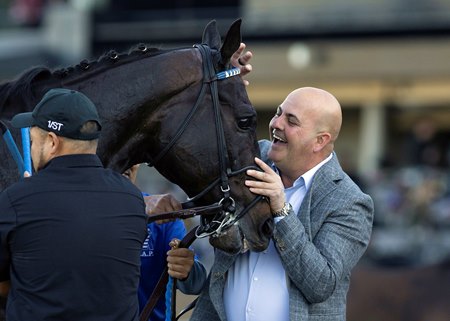 Cabo Spirit and trainer George Papaprodromou celebrate their victory in the San Gabriel Stakes at Santa Anita at the end of 2025.