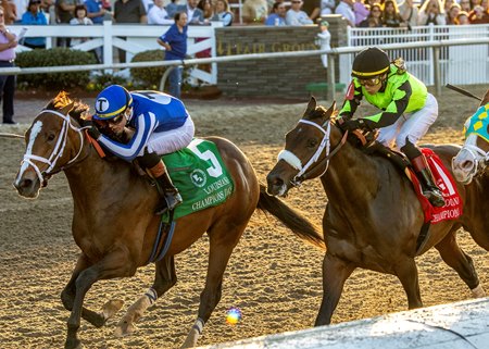 Our Moneyman (outside) wins the 2025 Louisiana Champions Day Juvenile Stakes at Fair Ground Race Course & Slots