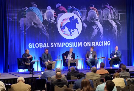 (L-R): Lonny Powell, David Richardson, Mark Simendinger, Jon Moss, and Damon Thayer speak during a panel at the Global Symposium on Racing
