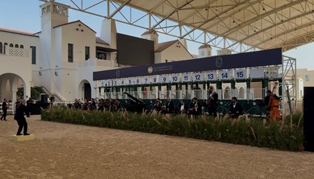 An orchestra plays in the Abu Dhabi Equestrian Club arena at the 33rd UAE President Cup barrier draw