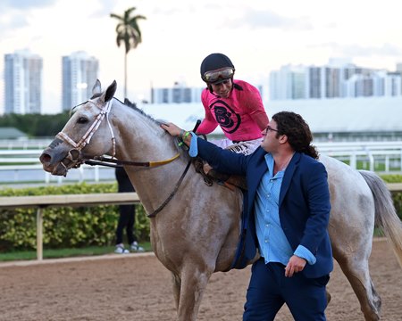 Trainer Saffie Joseph Jr. with White Abarrio and Irad Ortiz Jr. after a runner-up finish in the 2026 Pegasus World Cup Invitational Stakes at Gulfstream Park