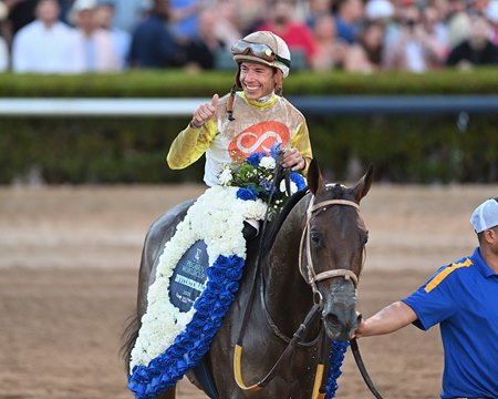 Tyler Gaffalione celebrates aboard Skippylongstocking after winning the Pegasus World Cup at Gulfstream Park