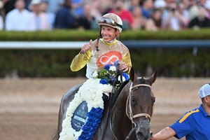 Tyler Gaffalione celebrates aboard Skippylongstocking after winning the Pegasus World Cup at Gulfstream Park