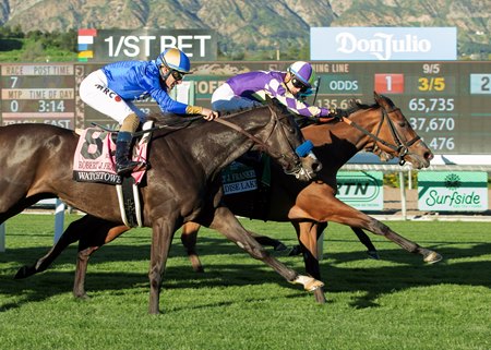 Paradise Lake battles to the wire with Starry Night (obscured) and Watchtower (outside) in the Robert J. Frankel Stakes at Santa Anita Park
