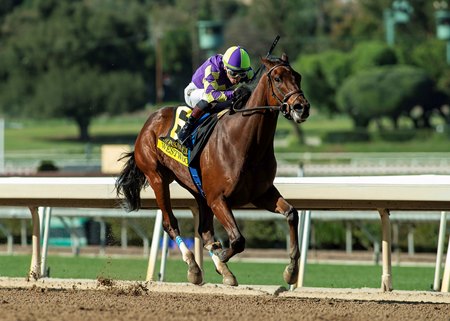 Westwood and jockey Kazushi Kimura are all alone at the wire of the San Pasqual Stakes at Santa Anita Park