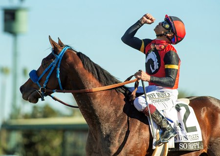So Happy, under Hall of Famer Mike Smith, after his victory in the San Vicente Stakes at Santa Anita Park