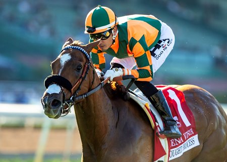 Thought Process on her way to victory in the Buena Vista Stakes at Santa Anita Park