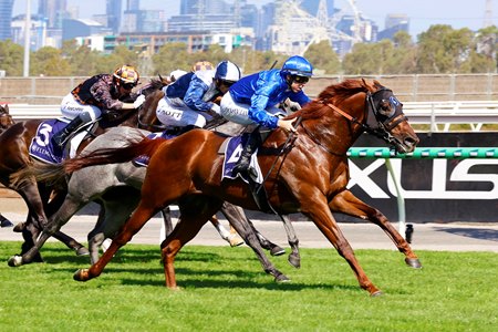 Tentyris wins the Black Caviar Lightning Stakes at Flemington Racecourse