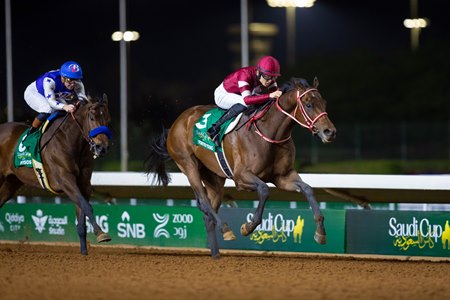 Forever Young, who can become history's highest earning horse with a win in the Dubai World Cup, pulls clear in the Saudi Cup at King Abdulaziz Racecourse