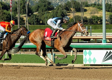 Meaning wins Las Virgenes Stakes in her most recent start prior to the Santa Anita Oaks.
