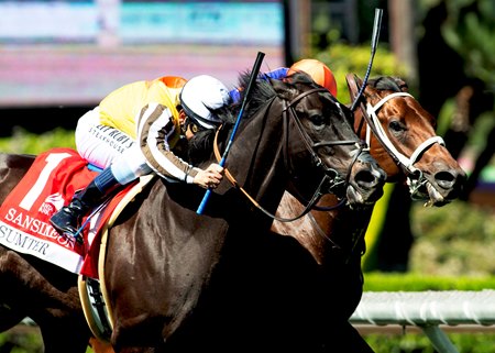 Sumter (outside) wins the San Simeon Stakes at Santa Anita Park
