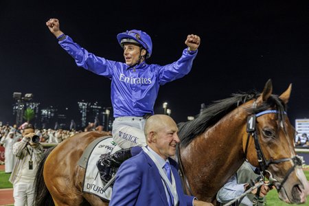 Ombudsman wins the Dubai Turf at Meydan Racecourse