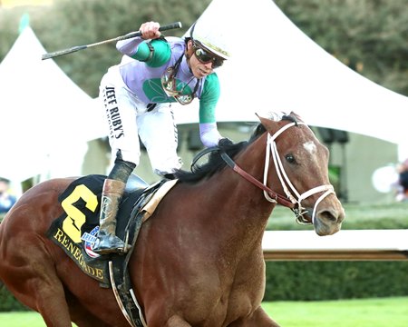 Irad Ortiz Jr. celebrates aboard Renegade after the duo's victory in the Arkansas Derby at Oaklawn Park