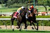 Sumter and jockey Mike Smith, left, outleg Quereme Pass (Emisael Jaramillo), right, to win the Grade III, $100,000 San Simeon Stakes, Saturday, March 14, 2026 at Santa Anita Park, Arcadia CA.
© BENOIT PHOTO