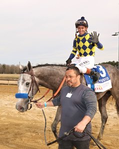 Bottle of Rouge and Flavien Prat win the Virginia Oaks at Colonial Downs