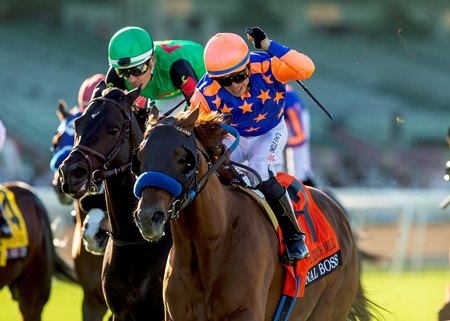 Juan Hernandez celebrates victory aboard Final Boss in the Frank E. Kilroe Mile Stakes at Santa Anita Park