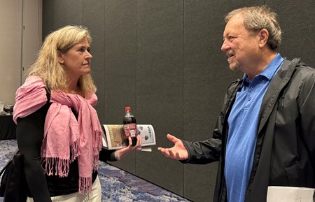 Colorado HBPA president Kim Oliver (left) spoke with Wyoming HBPA founding board member Corey Johnsen